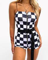 New Checks Mini Romper With Buckle Belt