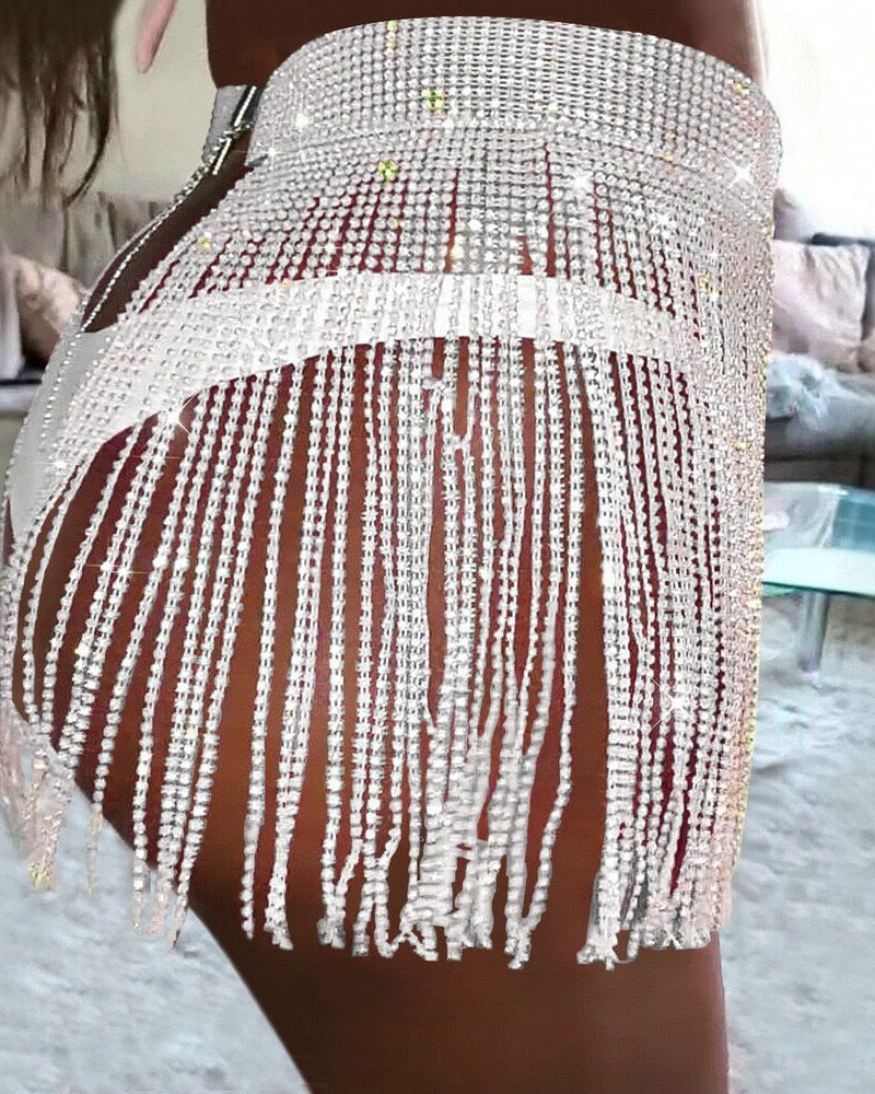 Rhinestone Tassel Mini Skirt
