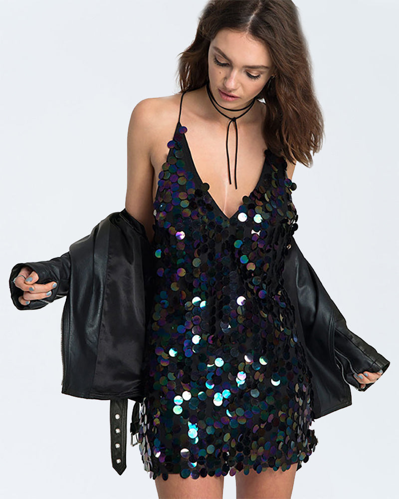 Sequined Deep V-neck Slip Dress