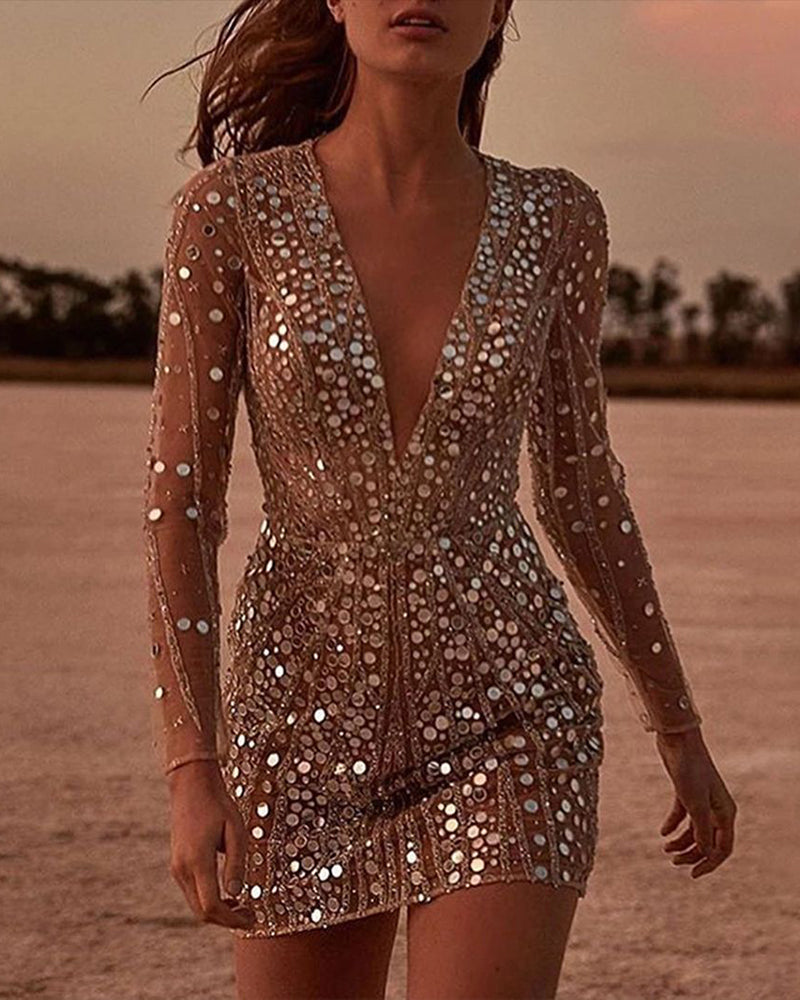 Sheer Long Sleeve Sequined Cocktail Dress