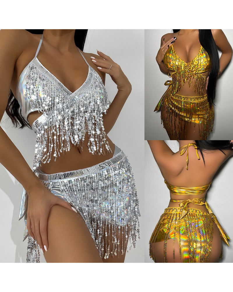 Sparkling Fabric Tassel Bikini Set