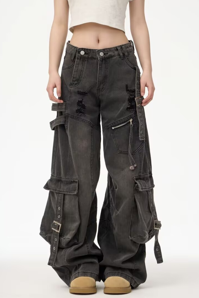 Street Washed Ripped Women Denim Cargo Pants