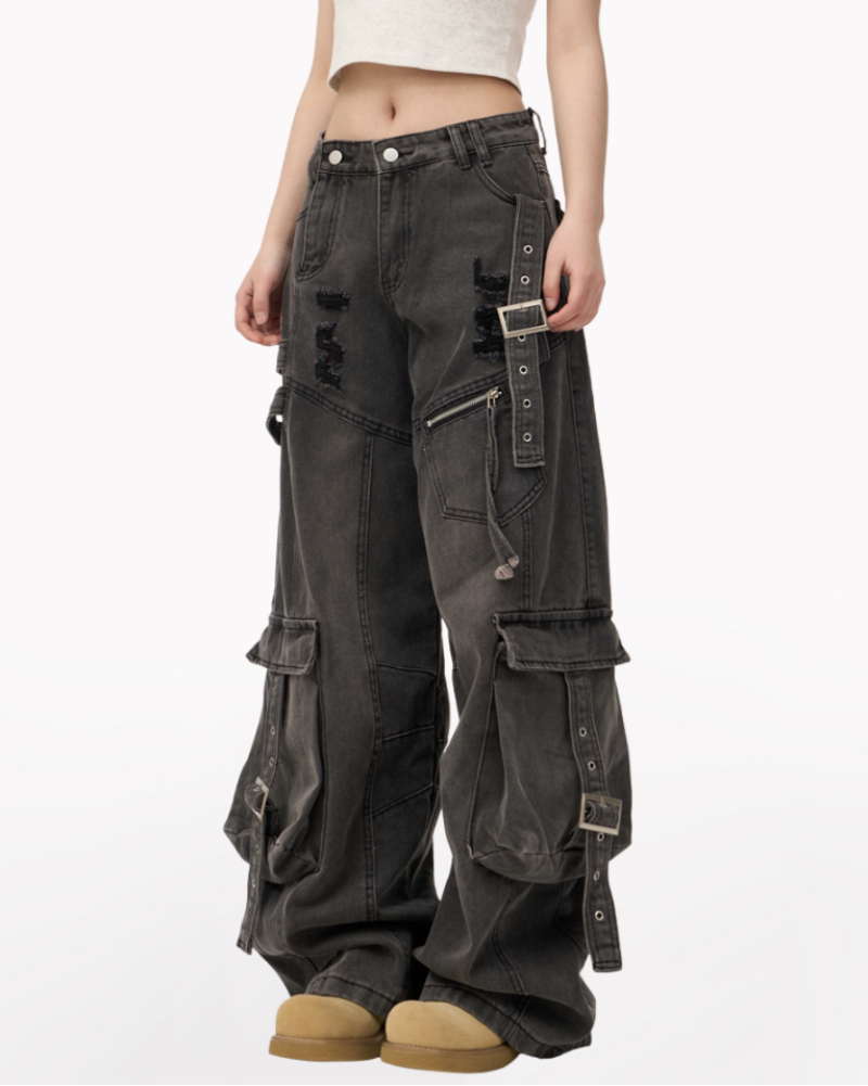Street Washed Ripped Women Denim Cargo Pants