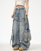 Street Washed Ripped Women Denim Cargo Pants