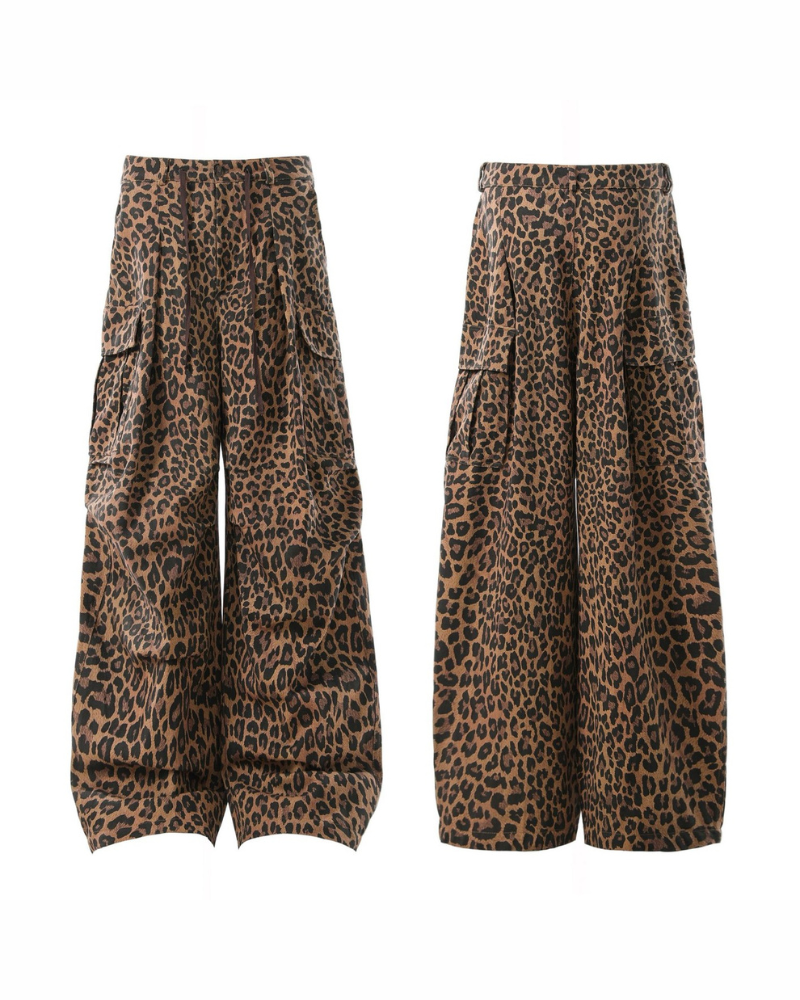 Street Style Unisex Loose-Fit Leopard Cargo Jeans