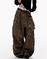 Street Style Unisex Loose-Fit Leopard Cargo Jeans
