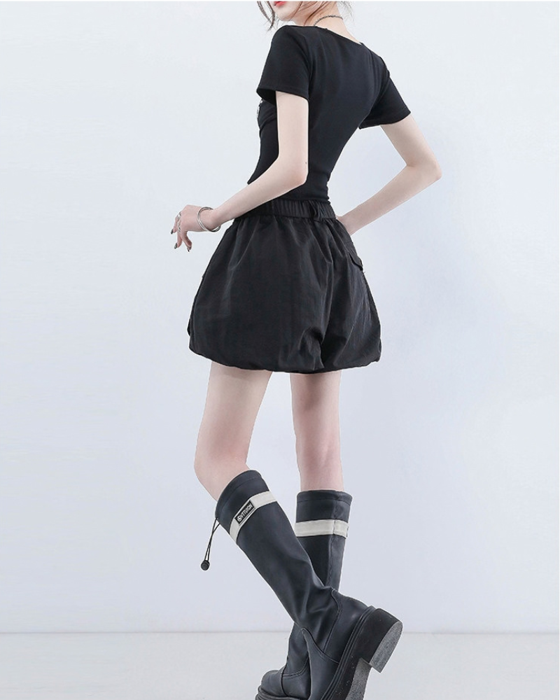 Summer Black Quick-Dry Cargo Bubble Bloomer Shorts