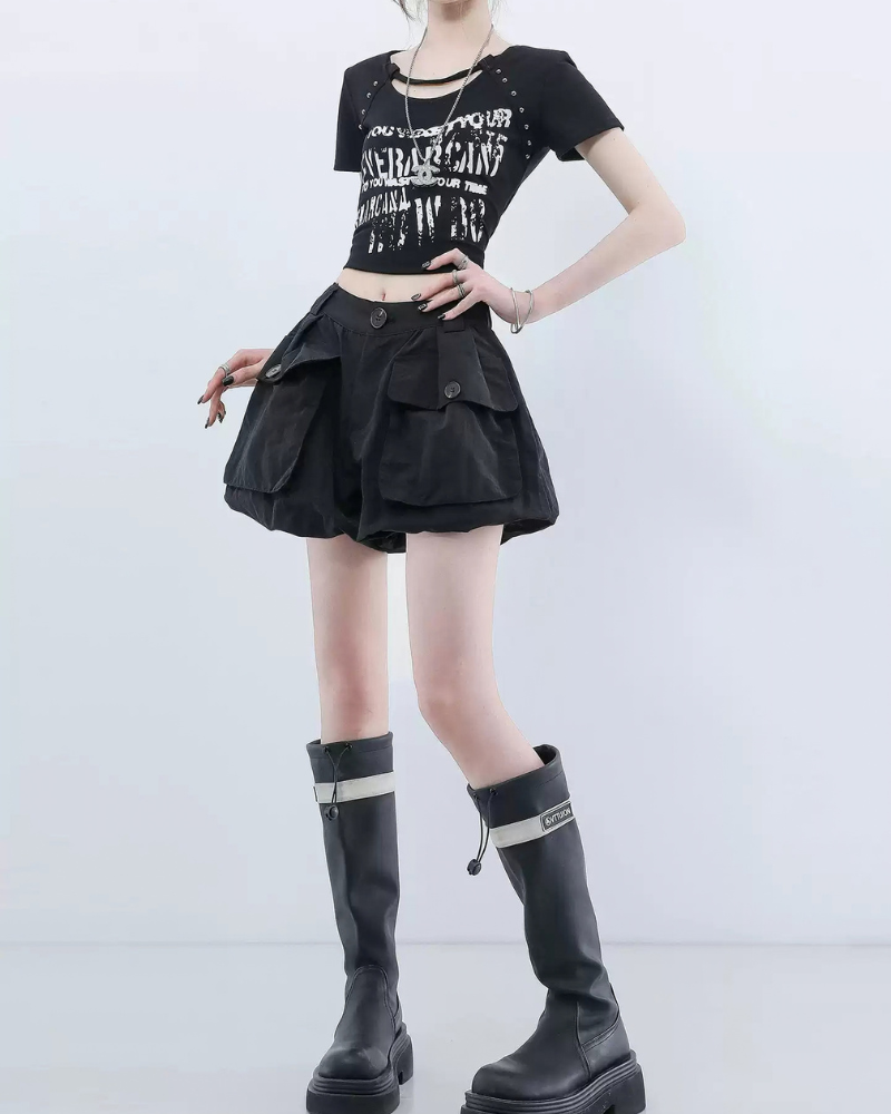 Summer Black Quick-Dry Cargo Bubble Bloomer Shorts
