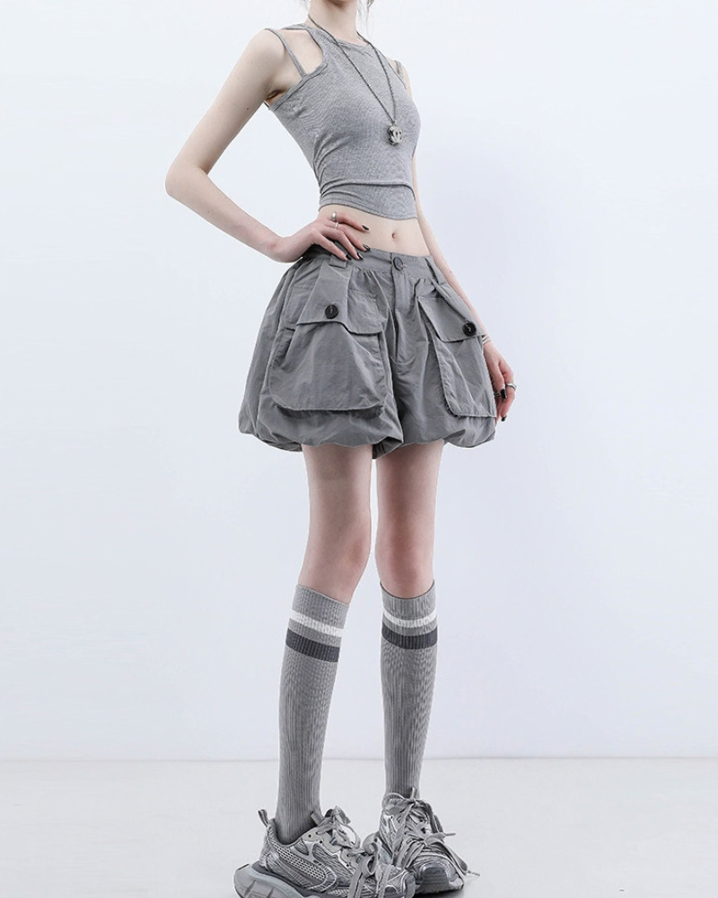 Summer Black Quick-Dry Cargo Bubble Bloomer Shorts