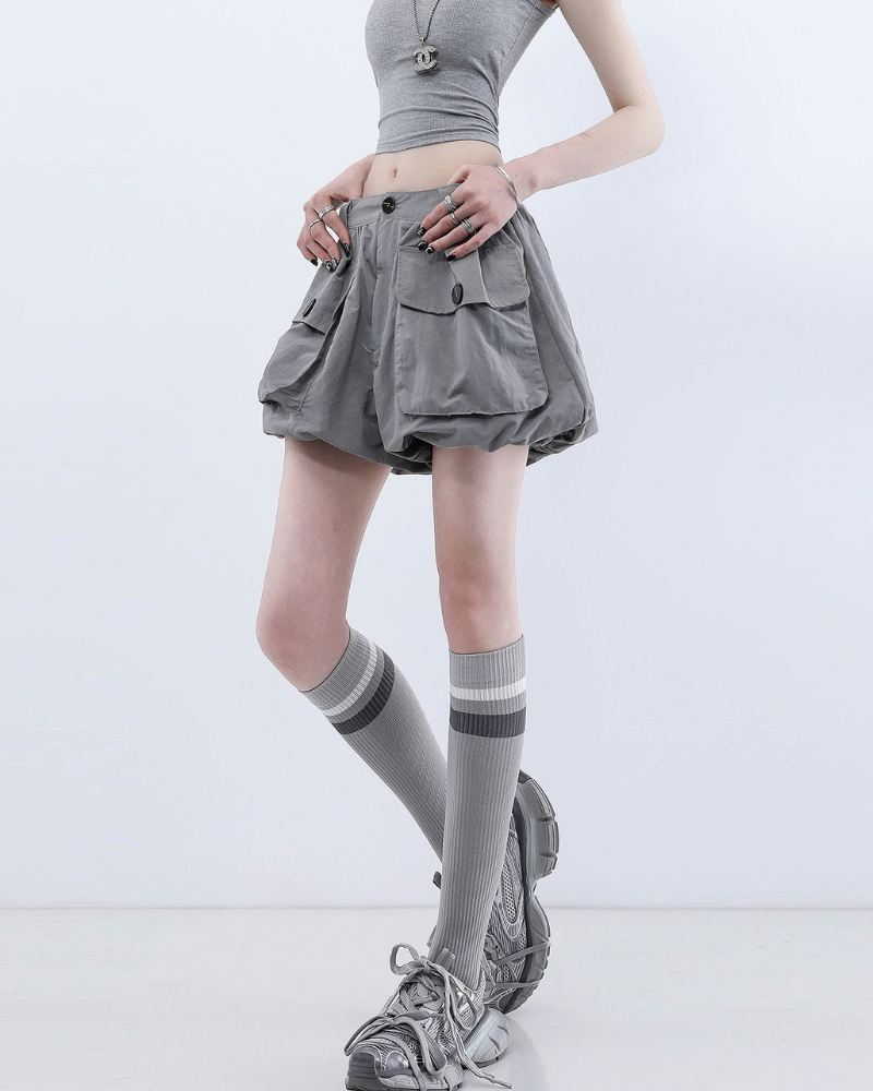 Summer Black Quick-Dry Cargo Bubble Bloomer Shorts