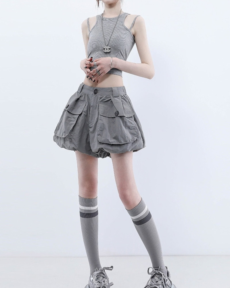 Summer Black Quick-Dry Cargo Bubble Bloomer Shorts