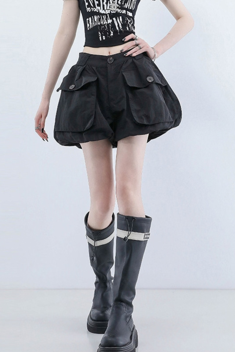 Summer Black Quick-Dry Cargo Bubble Bloomer Shorts
