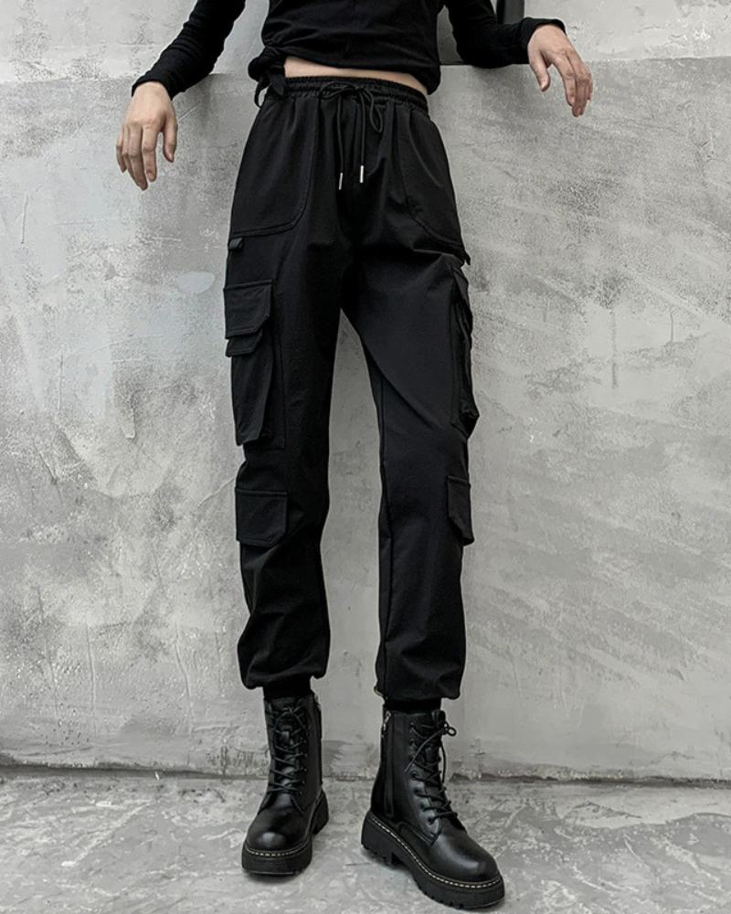 3D Pockets Women Black Cargo Pants