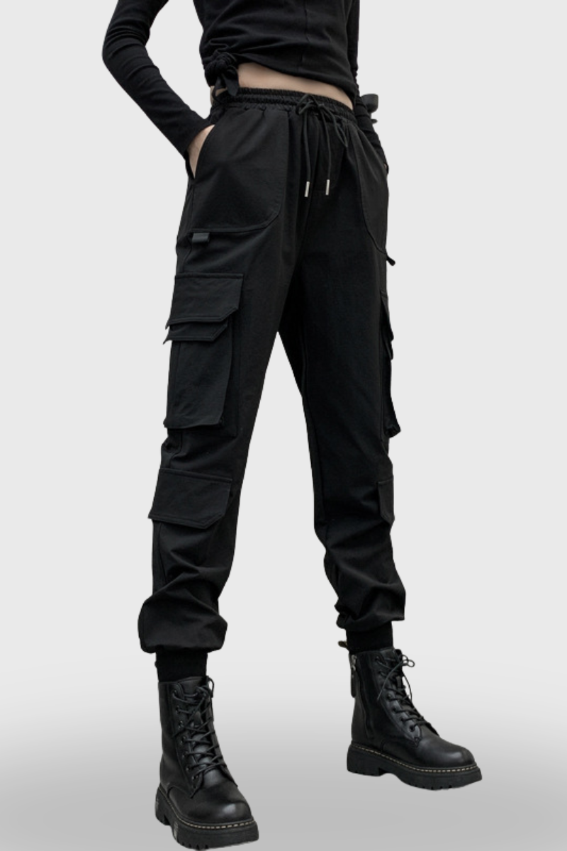 3D Pockets Women Black Cargo Pants
