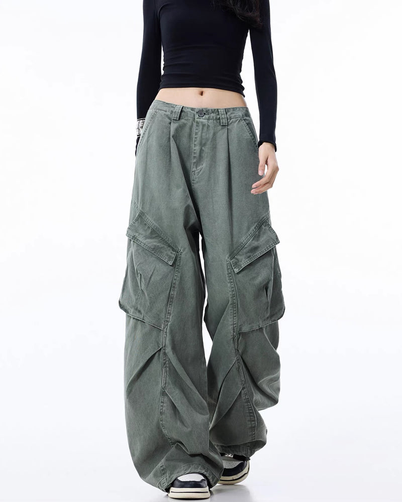 Vintage Washed Denim Look Cargo Pants