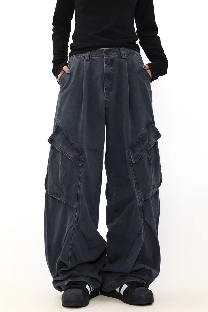 Vintage Washed Denim Look Cargo Pants