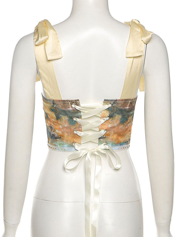 Bowknot Strap Oil Painted Crop Top