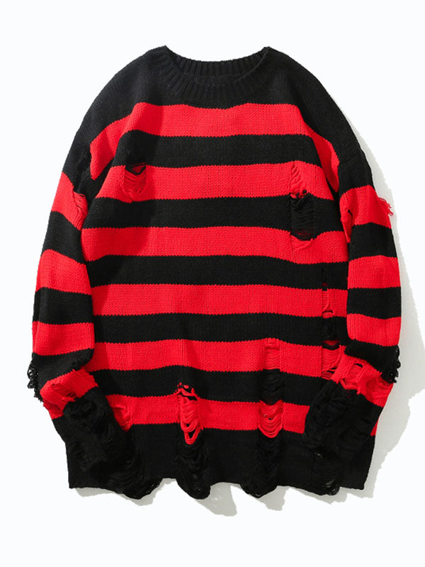 Holes Desgin Black Red Stripped Sweaters