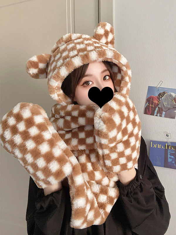 Checkerboard Bear Hat With Scarf