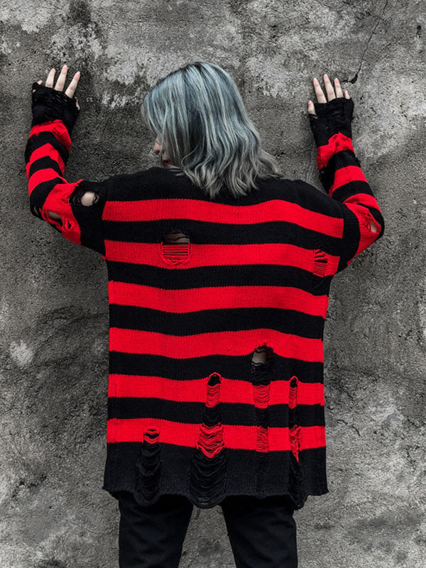 Holes Desgin Black Red Stripped Sweaters