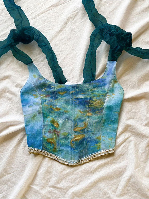 Bowknot Strap Oil Painted Crop Top