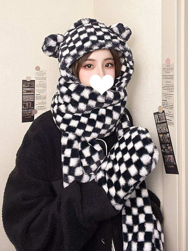 Checkerboard Bear Hat With Scarf