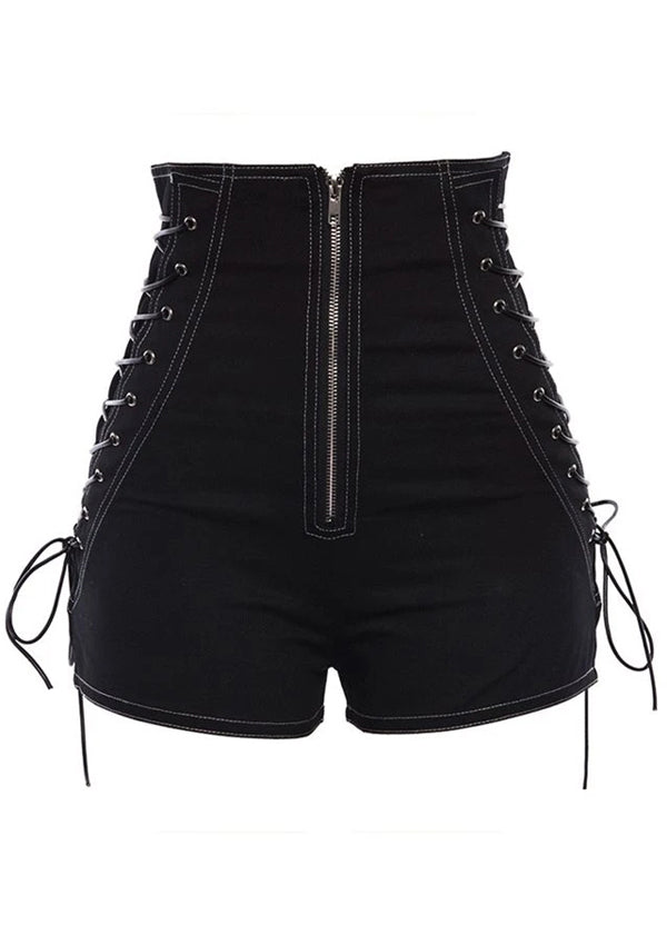 Black Lace Up High Waist Shorts/Shorts With Open Zipper