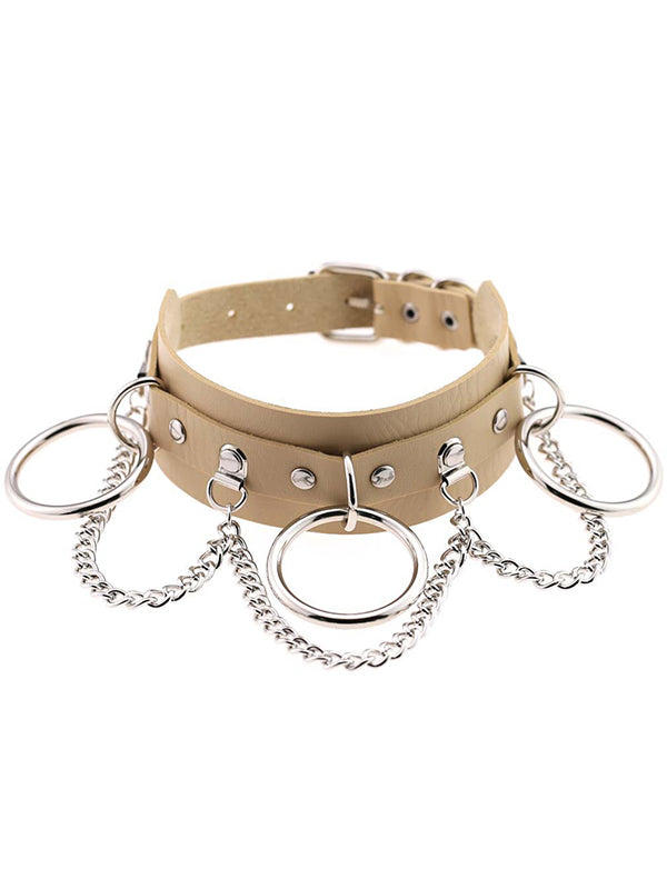 Black Gothic Chain Rivet Ring Choker/ Buckle Leather Choker