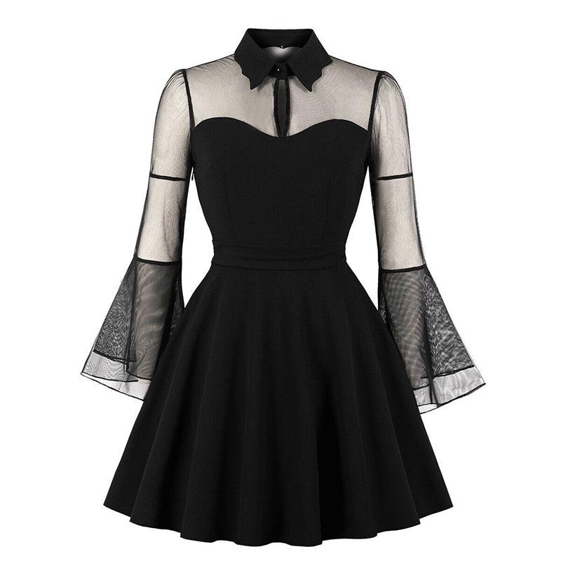 Collared Mesh Sleeves Mini Dress