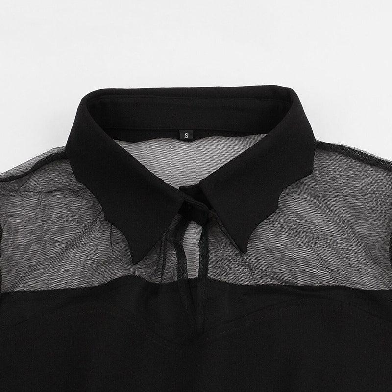 Collared Mesh Sleeves Mini Dress