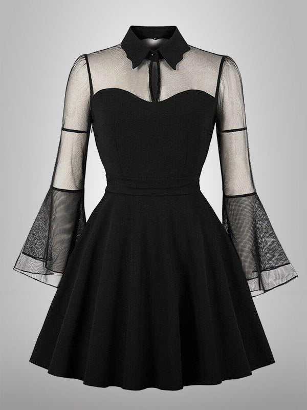 Collared Mesh Sleeves Mini Dress