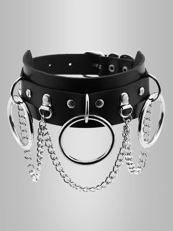 Black Gothic Chain Rivet Ring Choker/ Buckle Leather Choker