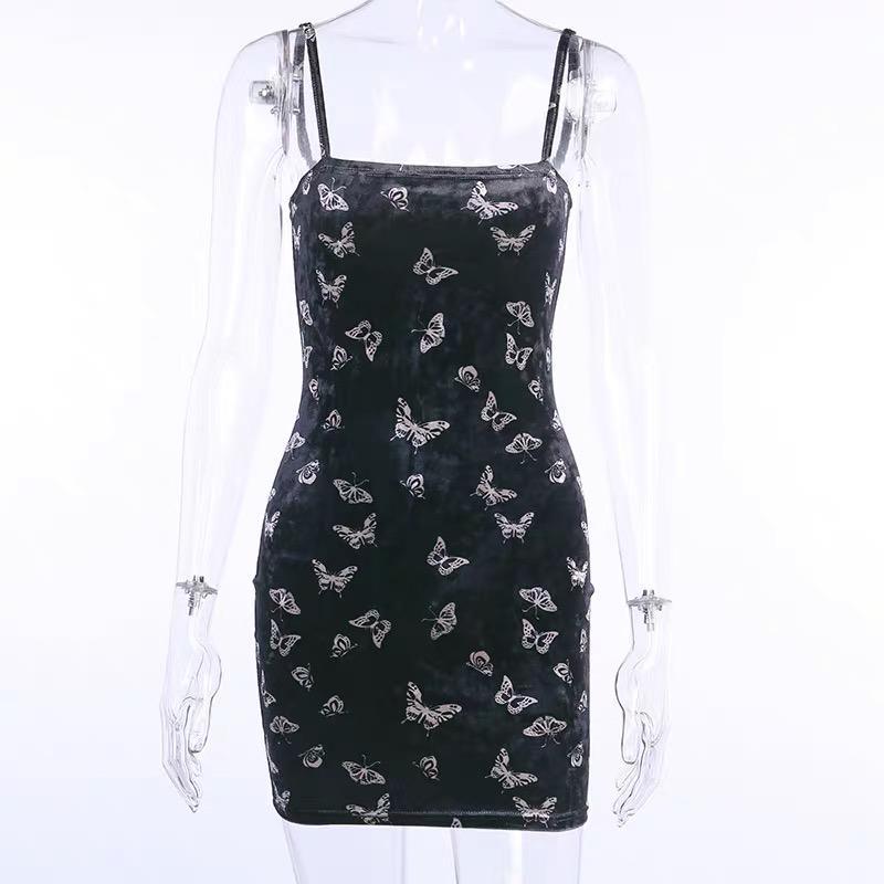 Valentine's Day Outfit Butterfly Printed Velvet Strap Dress freeshipping - GothBB