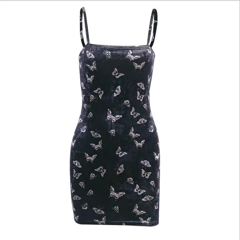 Valentine's Day Outfit Butterfly Printed Velvet Strap Dress freeshipping - GothBB