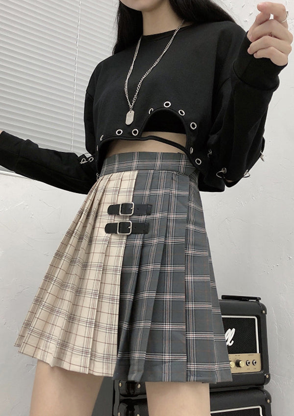 Belt Patchwork Plaid Mini Skirt