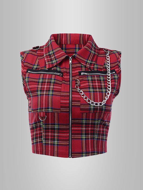 Plaid pattern,Chain embellishments,Sleeveless top,Mini top,Crop top,Fitted top,Grunge fashion,Punk fashion,Lightweight material,Breathable fabric,Casual wear,Daytime wear,High-waisted bottoms,Rock and roll style,Spikes,Metal details,Colorful designs
