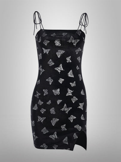 Butterfly Print Suspender Suede Mini Dress