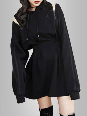 Waisted hoodie dress,Zipper shoulder dress,Hooded zipper dress,Hoodie dress with waist tie,Zipper detail hoodie dress,Shoulder zipper hoodie dress,Belted hoodie dress,Waisted sweatshirt dress,Zip-up hoodie dress,Hoodie dress with adjustable waist