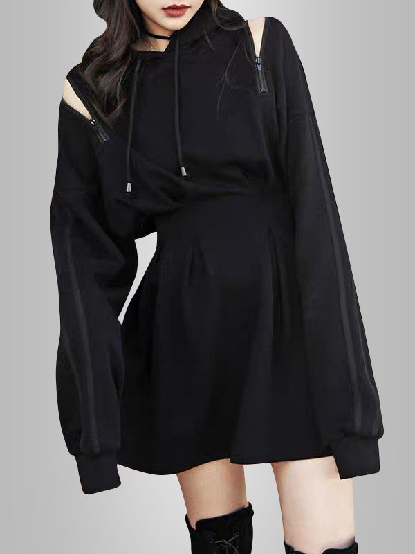 Waisted hoodie dress,Zipper shoulder dress,Hooded zipper dress,Hoodie dress with waist tie,Zipper detail hoodie dress,Shoulder zipper hoodie dress,Belted hoodie dress,Waisted sweatshirt dress,Zip-up hoodie dress,Hoodie dress with adjustable waist