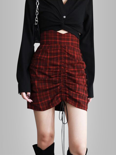 Ruched Plaid Skirt