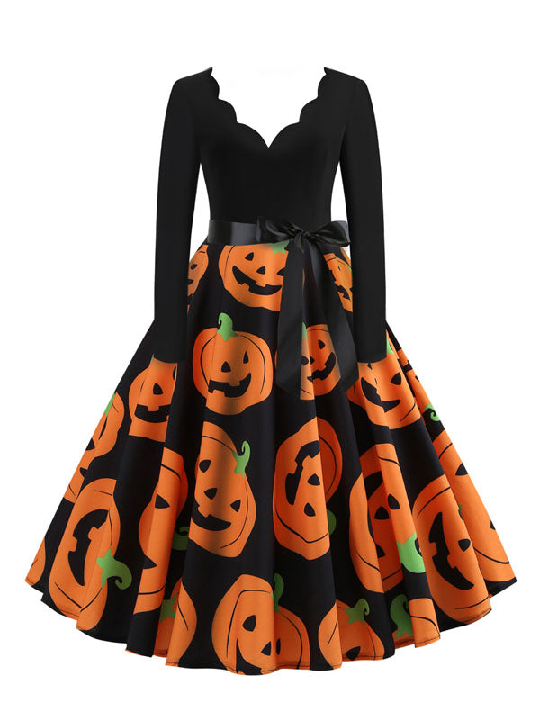 Pumpkin Print Vintage Swing Dress