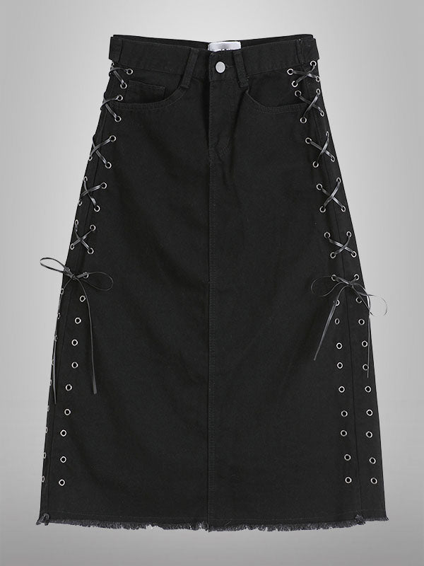 Dark Vintage Denim Lace Up Skirt