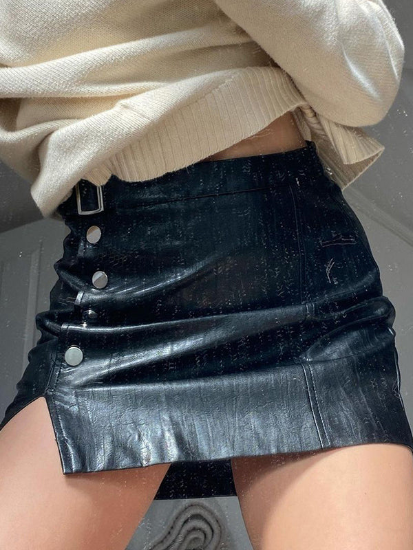 PU Leather Slit Mini Skirt
