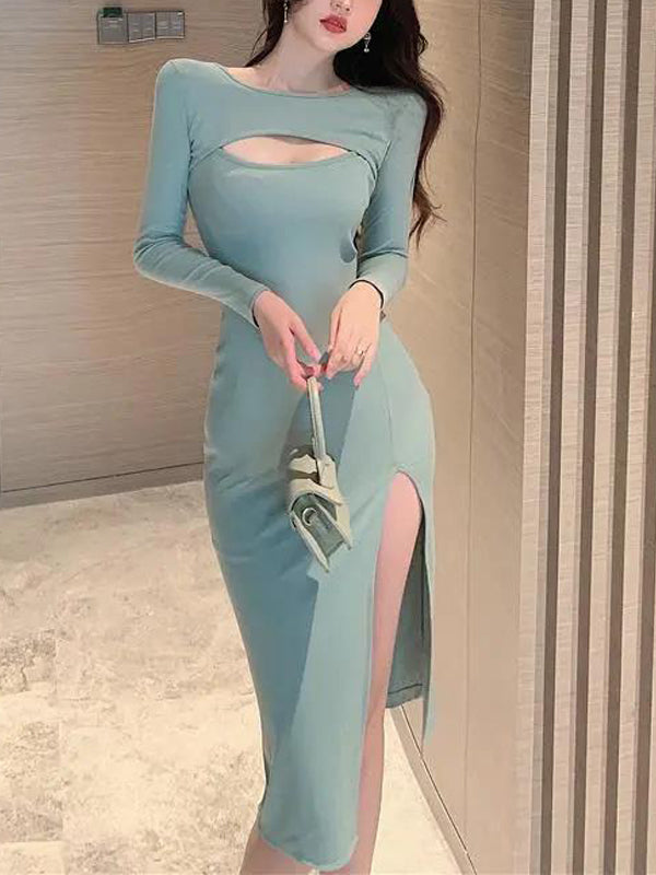 Hollow Out Front Long Sleeve Slit Dress