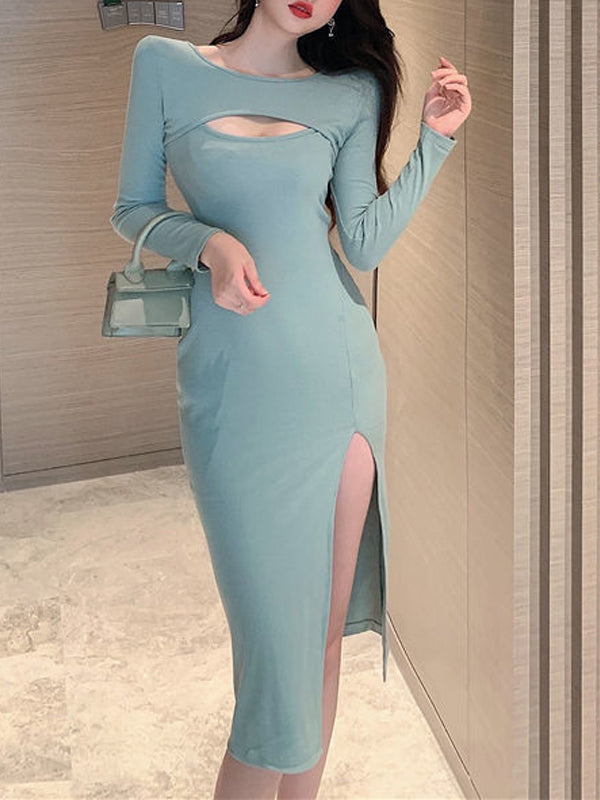 Hollow Out Front Long Sleeve Slit Dress