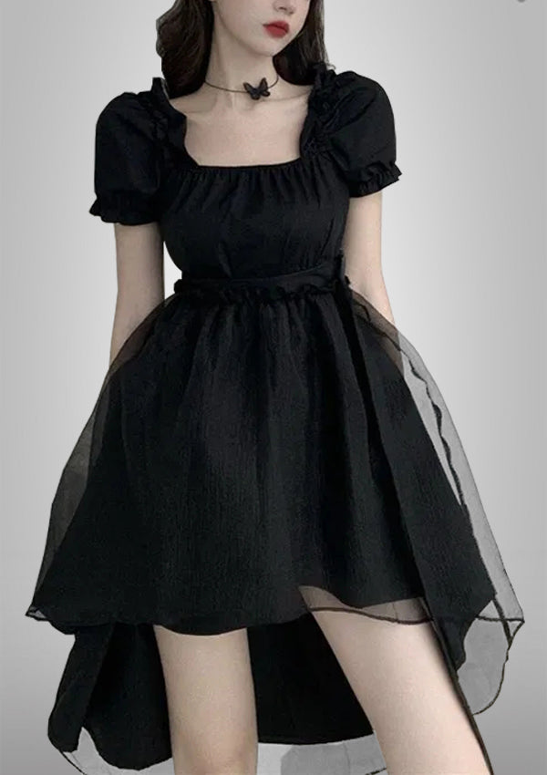 Black Puff Sleeve Irregular Hem Midi Lolita Dress