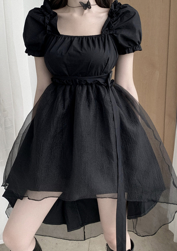 Black Puff Sleeve Irregular Hem Midi Lolita Dress