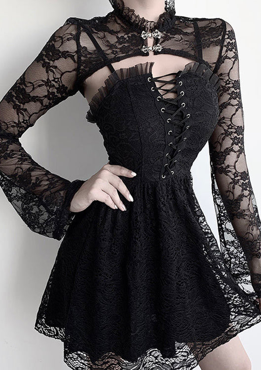 Gothic Black Trumpet Long Sleeve Hollow Out Lace Crop Top
