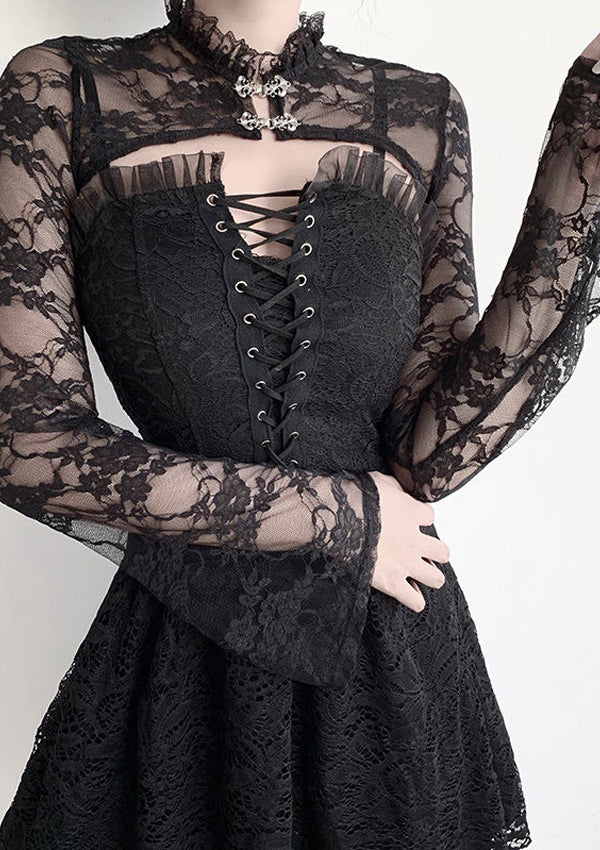 Gothic Black Trumpet Long Sleeve Hollow Out Lace Crop Top