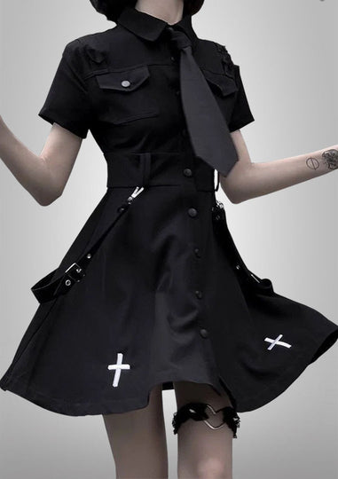 Tie uniform dress,Black tie dress,Uniform style dress,Black uniform dress,Tie-neck dress,Black dress with tie detail,Uniform-inspired black dress,Tie-front dress,Black dress with uniform elements,Tie-collar dress,Black dress with tie accents,Uniform style shift dress,Tie-waist dress,Black dress with tie sleeves